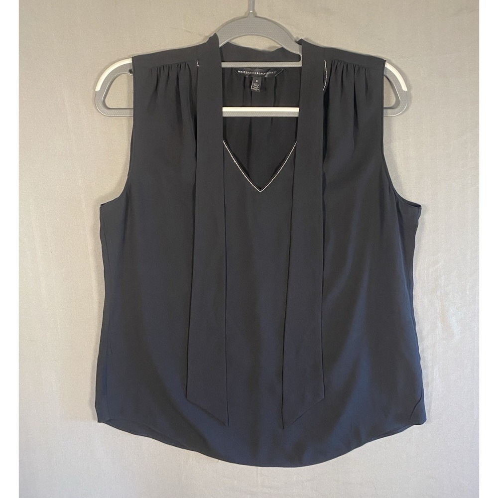 White House Black Market Women's Sz 8 Black Sleeveless V-Neck Blouse Silver Bead